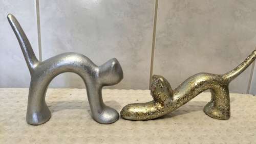 Pair Of Ceramic Gold And Silver Abstract Cats