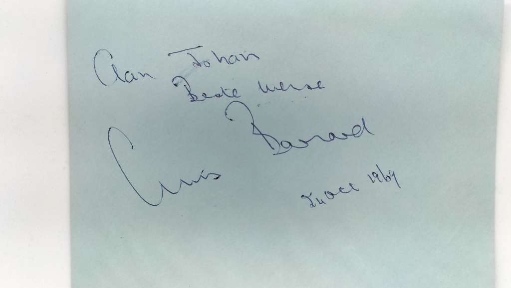 Autograph Of World Famous Leading Heart Surgeon Dr Christiaan Barnard Circa 1969 (1 Of 2)