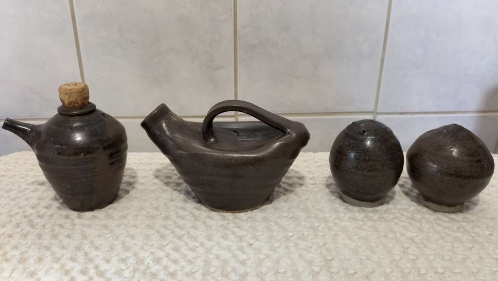 Set of 4 Rare Scandinavian Stoneware Oil And Vinegar Cruets With Matching Salt And Pepper Shakers