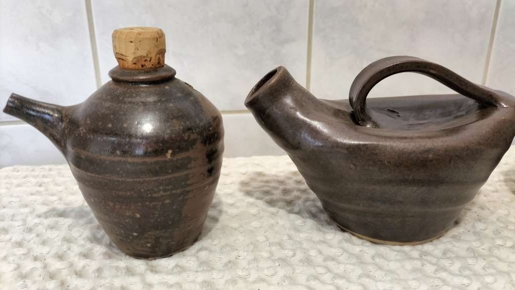 Set of 4 Rare Scandinavian Stoneware Oil And Vinegar Cruets With Matching Salt And Pepper Shakers