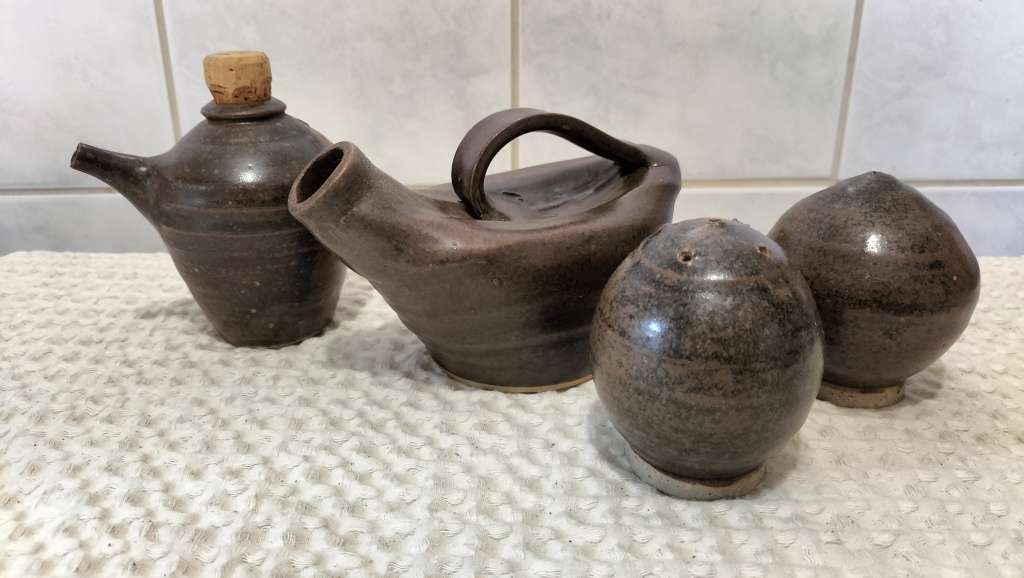 Set of 4 Rare Scandinavian Stoneware Oil And Vinegar Cruets With Matching Salt And Pepper Shakers