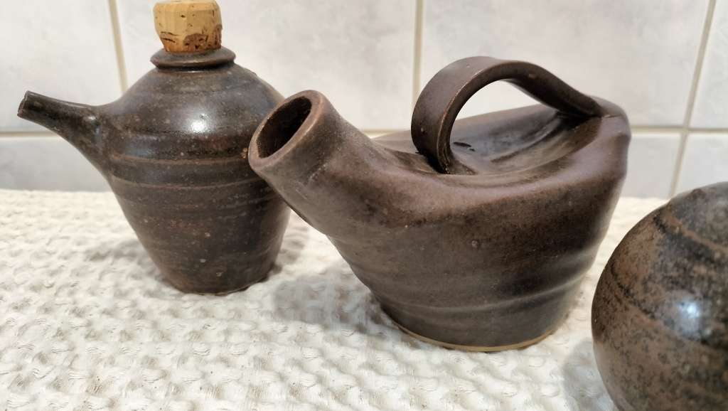 Set of 4 Rare Scandinavian Stoneware Oil And Vinegar Cruets With Matching Salt And Pepper Shakers