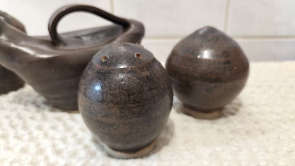 Set of 4 Rare Scandinavian Stoneware Oil And Vinegar Cruets With Matching Salt And Pepper Shakers