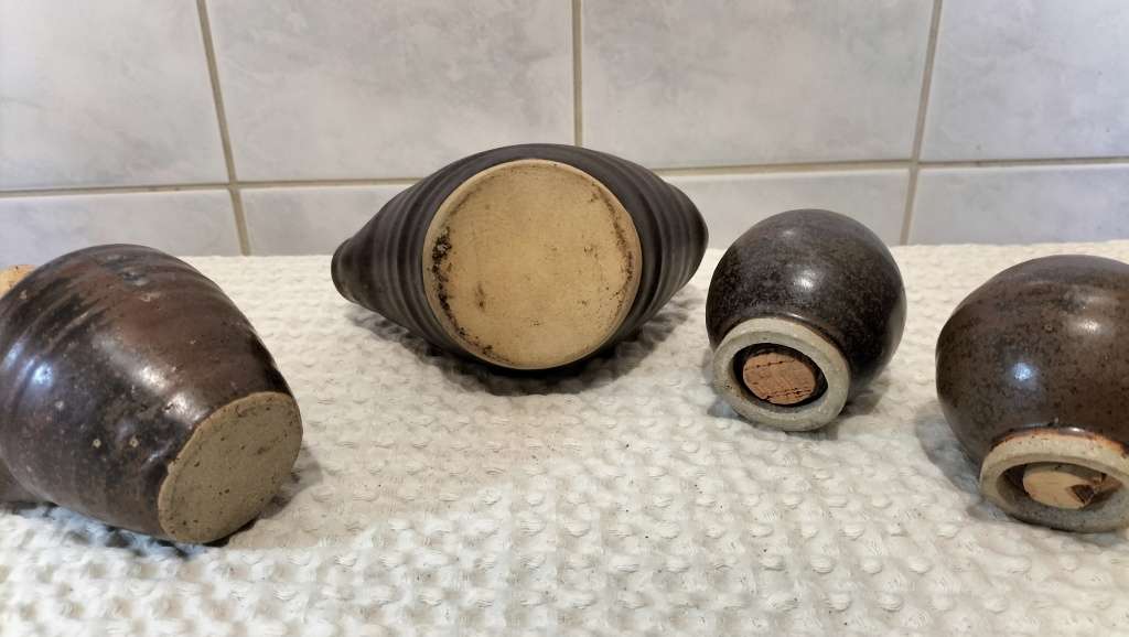 Set of 4 Rare Scandinavian Stoneware Oil And Vinegar Cruets With Matching Salt And Pepper Shakers