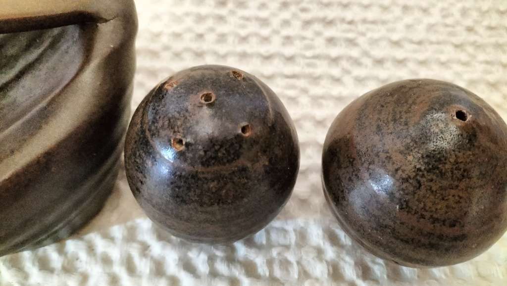 Set of 4 Rare Scandinavian Stoneware Oil And Vinegar Cruets With Matching Salt And Pepper Shakers