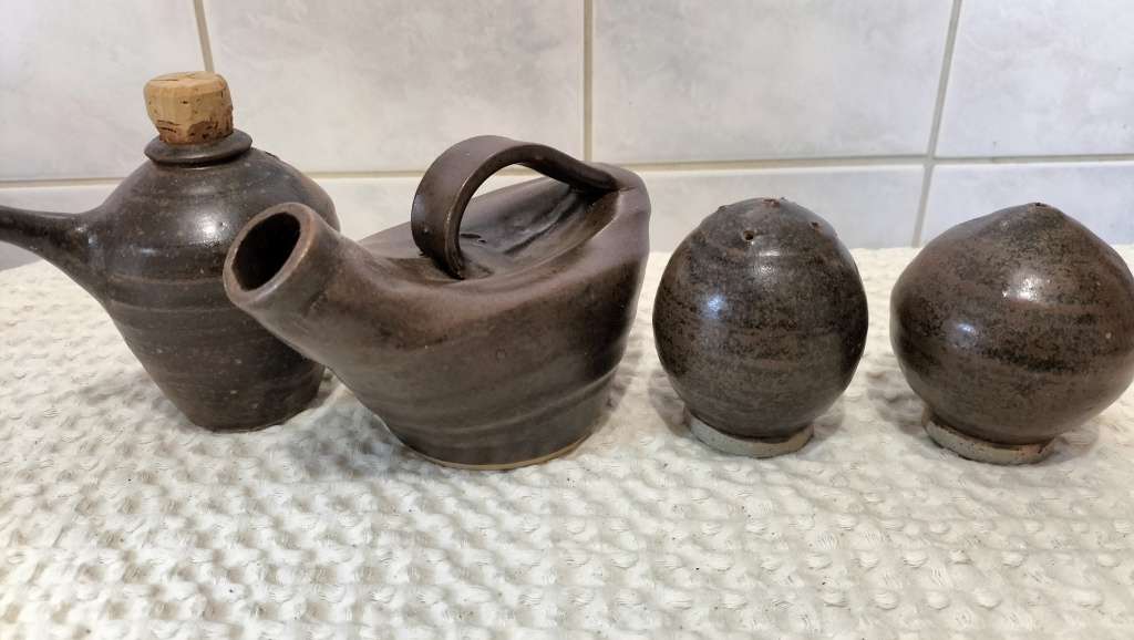 Set of 4 Rare Scandinavian Stoneware Oil And Vinegar Cruets With Matching Salt And Pepper Shakers