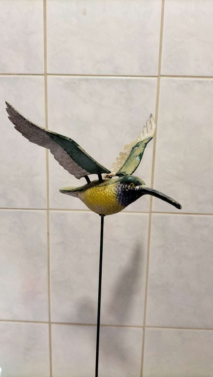 Painted Wooden Garden Humming Bird With Moving Wings