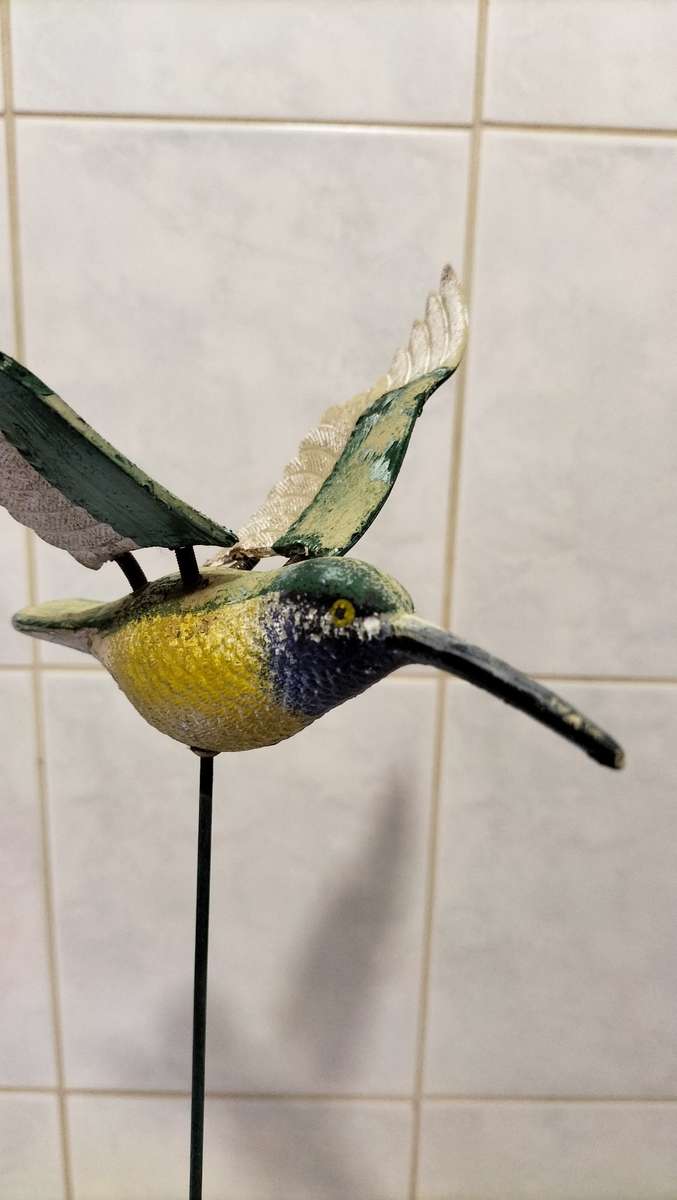 Painted Wooden Garden Humming Bird With Moving Wings