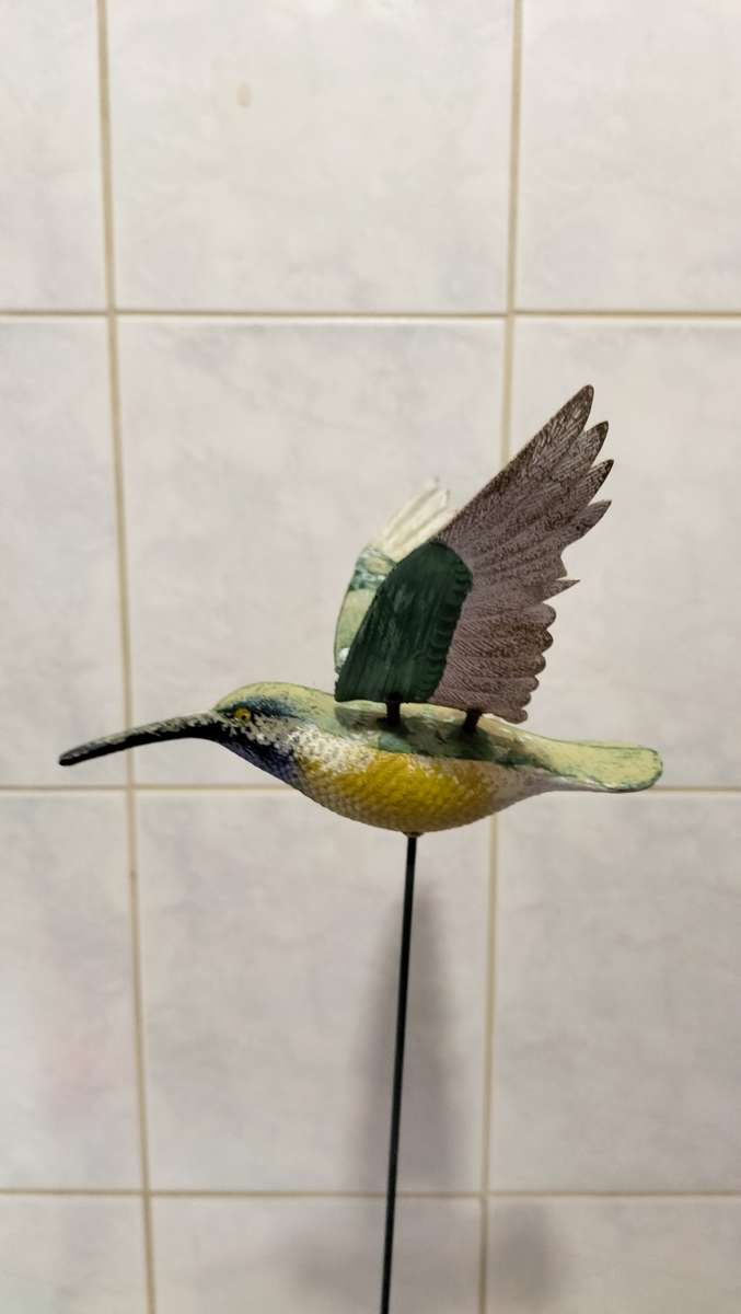 Painted Wooden Garden Humming Bird With Moving Wings