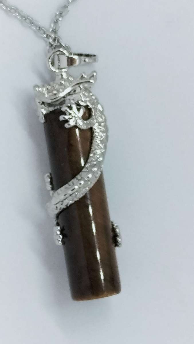 Stunning Semi Precious Amber Stone Pendant With Stainless Steel Casing Of A Dragon