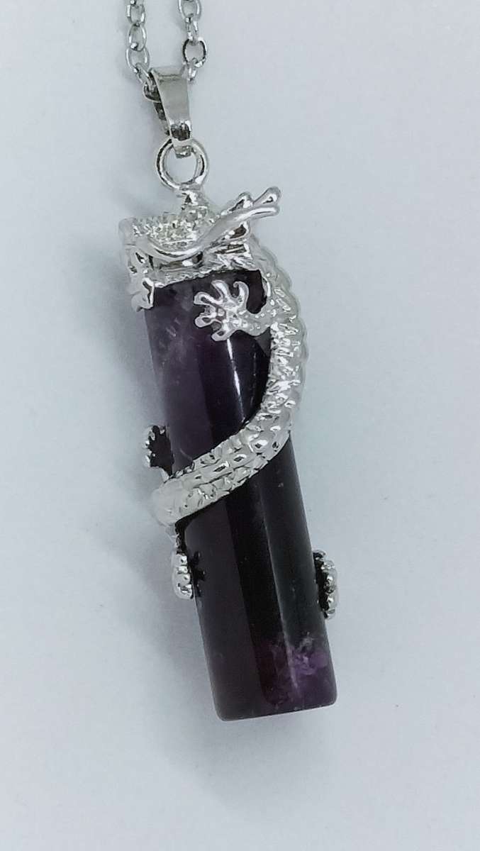 Stunning Semi Precious Purple Stone Pendant With Stainless Steel Casing Of A Dragon
