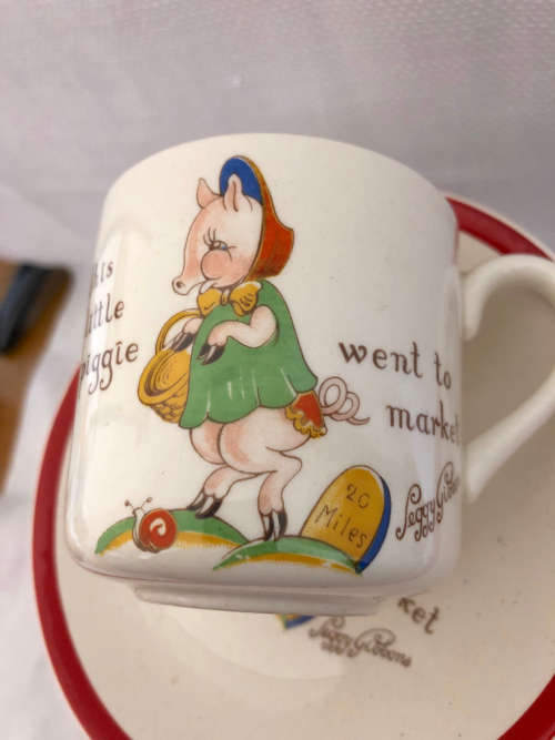 VERY RARE MIDWINTER NURSEYWARE CUP AND SAUCER LITTLE PIGGY WENT TO MARKET SIGNED PEGGY GIBBON