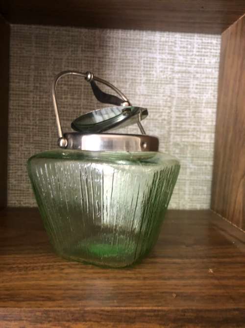 Vntage Green Glass And Silver Plated Jam/ Sugar Pot