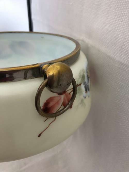 VINTAGE MILKGLASS BOWL DECORATED WITH FLOWERS & WITH SILVERPLATE RIM