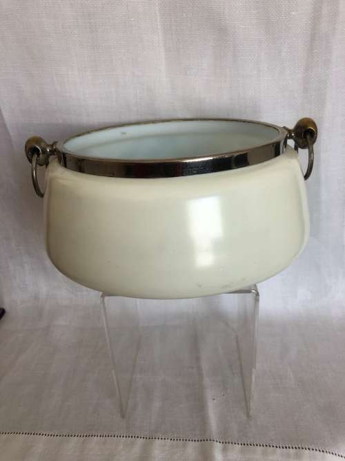 VINTAGE MILKGLASS BOWL DECORATED WITH FLOWERS & WITH SILVERPLATE RIM