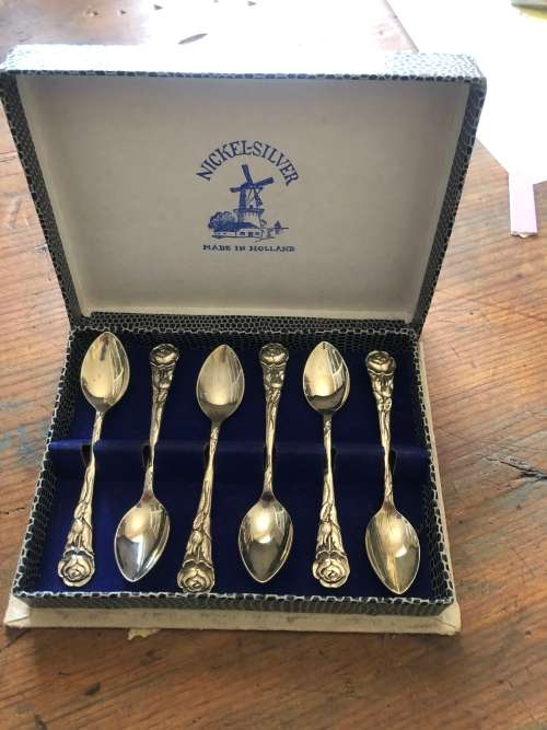 Vintage Made In Holland Nickle Silver Coffee Spoons In Original Box