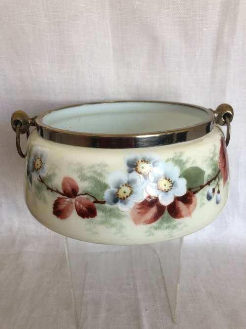 VINTAGE MILKGLASS BOWL DECORATED WITH FLOWERS & WITH SILVERPLATE RIM