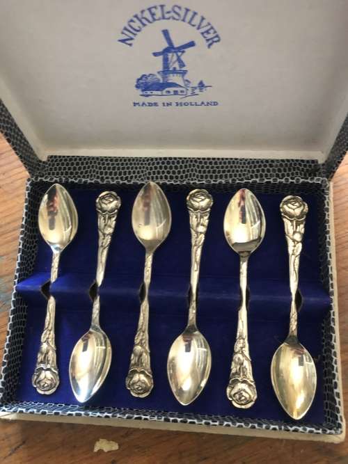 Vintage Made In Holland Nickle Silver Coffee Spoons In Original Box