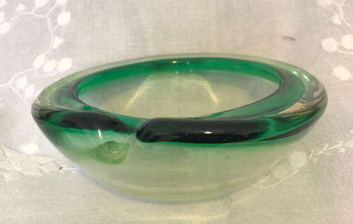 Murano Ashtray clear glass with green rim