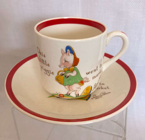 VERY RARE MIDWINTER NURSEYWARE CUP AND SAUCER LITTLE PIGGY WENT TO MARKET SIGNED PEGGY GIBBON