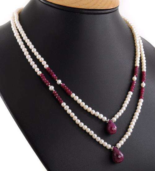 Double Strand Pearl Ruby Gemstone Beaded Necklace with Earrings