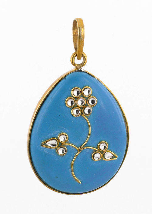 55 Ct Designer Turquoise Gemstone Pendant With Kundan Inlay Work
