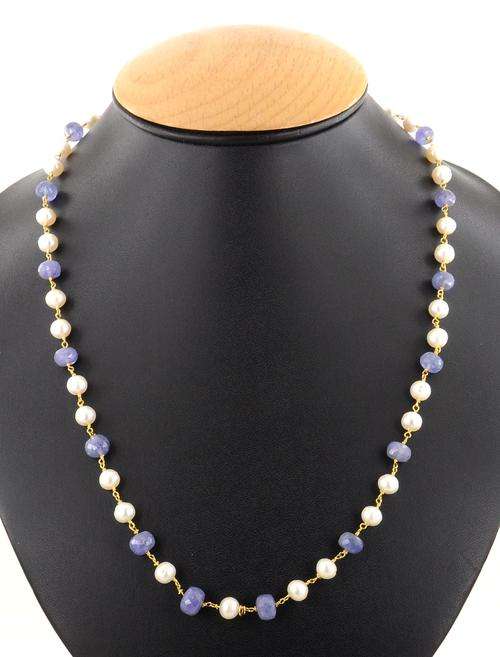 115 Carat Pearl With Tanzanite Gemstone Beaded Necklace-Handcrafted In India