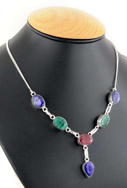 17 Gm Designer Ruby, Emerald With Sapphire Gemstones Necklace in Silver