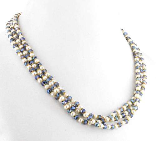 3 Strand Black Crystal and Pearl Gemstone Beaded Necklace