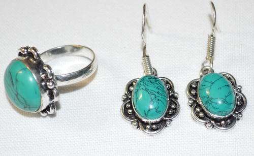 Turquoise Ring Earring set in 529 Sterling silver plated ring size M 17 mm