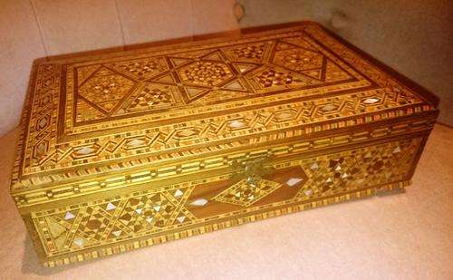 Vintage jewelry box with mother of pearl and exotic wood inlays