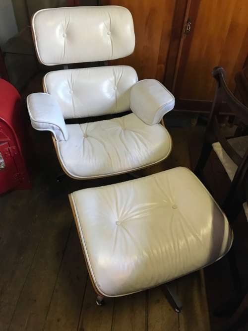 Eames Type Leather Chairs: pair of genuine leather chairs with ottomans