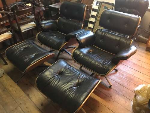 Eames Type Chairs: pair of leather chairs with ottomans