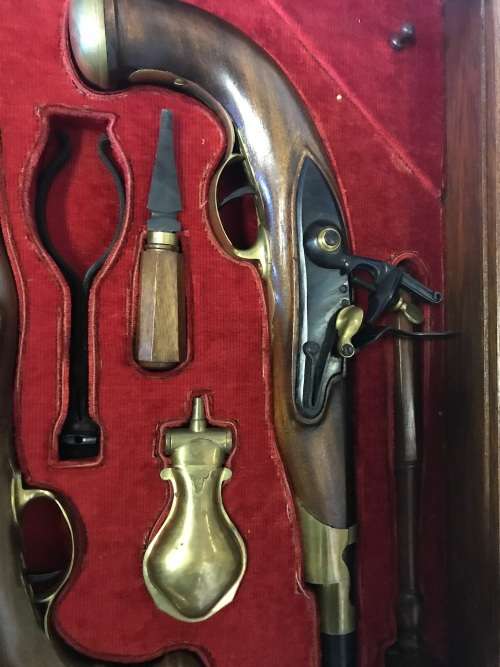 Pair of top quality Duelling Flintlock Pistols in glassed box. ( Only ornamental ) 47 x 35 x 8 cm