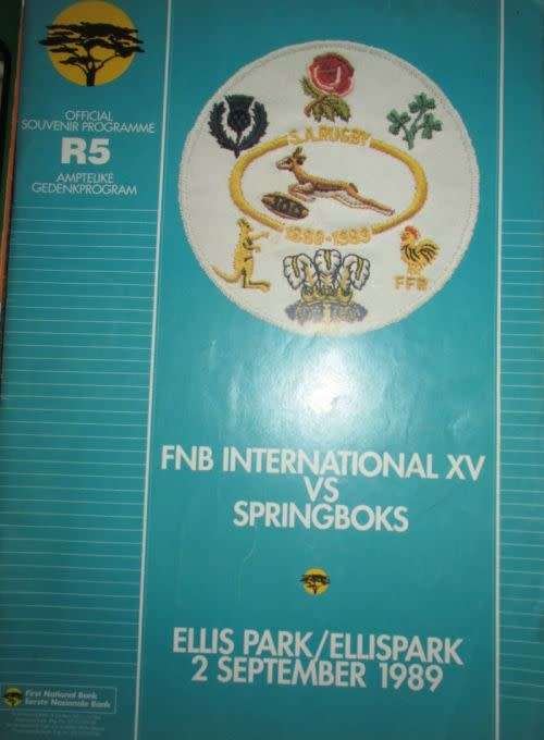 SPRINGBOK RUGBY PROGRAM: SPRINGBOKS VS FNB INTERNATIONAL XV; 2 SEPT 1989