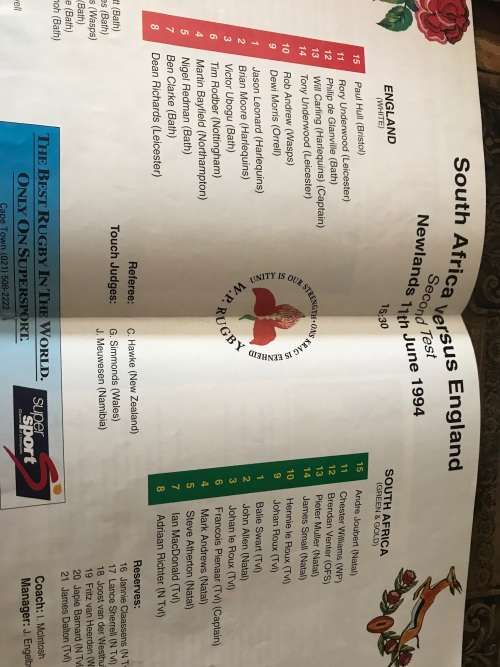 5 SPRINGBOK RUGBY PROGRAMS: SOUTH AFRICA VS ENGLAND ( 1972,84,94, 2007)