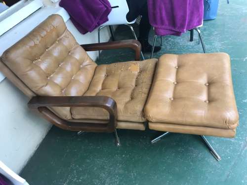 MID CENTURY EAMES TYPE CHROME CHAIR WITH FOOTSTOOL