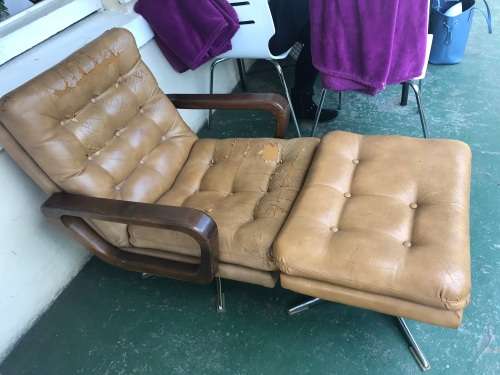 MID CENTURY EAMES TYPE CHROME CHAIR WITH FOOTSTOOL