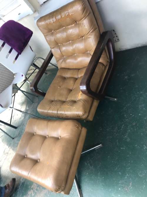 MID CENTURY EAMES TYPE CHROME CHAIR WITH FOOTSTOOL