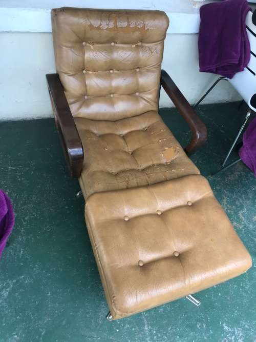 MID CENTURY EAMES TYPE CHROME CHAIR WITH FOOTSTOOL