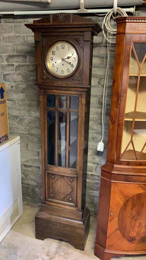 BEAUTIFUL OAK CASE ART DECO GRANDFATHER CLOCK IN GOOD WORKING CONDITION