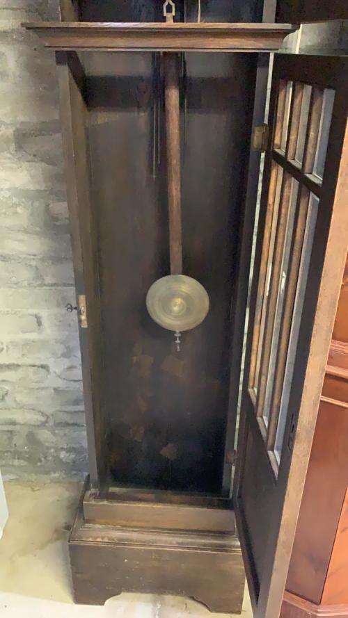 BEAUTIFUL OAK CASE ART DECO GRANDFATHER CLOCK IN GOOD WORKING CONDITION