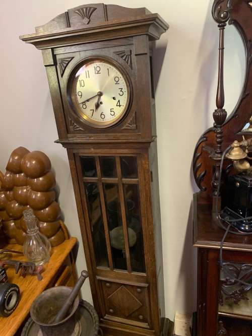 BEAUTIFUL OAK CASE ART DECO GRANDFATHER CLOCK IN GOOD WORKING CONDITION
