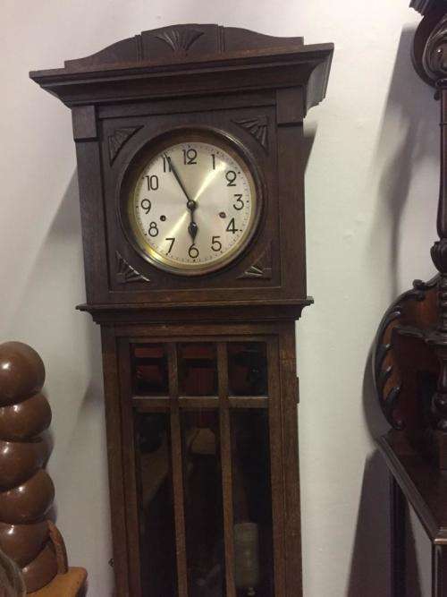 BEAUTIFUL OAK CASE ART DECO GRANDFATHER CLOCK IN GOOD WORKING CONDITION