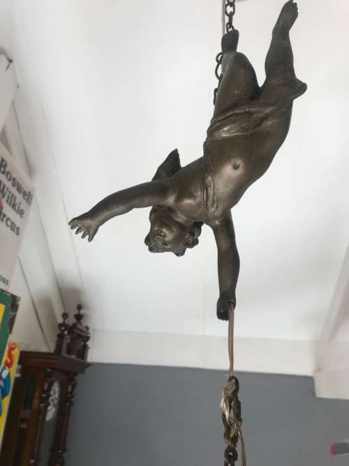 Art Nouveau Bronze Ceiling Light with Angel