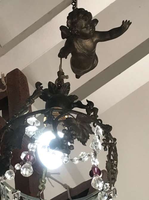 Art Nouveau Bronze Ceiling Light with Angel