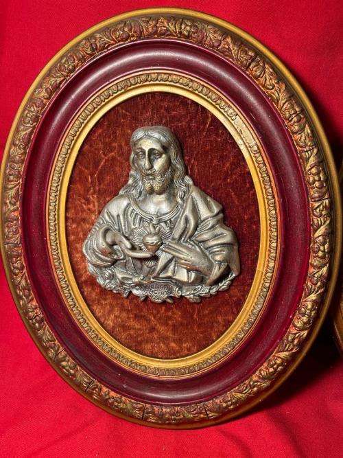 Collection of 3 Framed Christian Bronzed Items ( 28 x 34 cm )