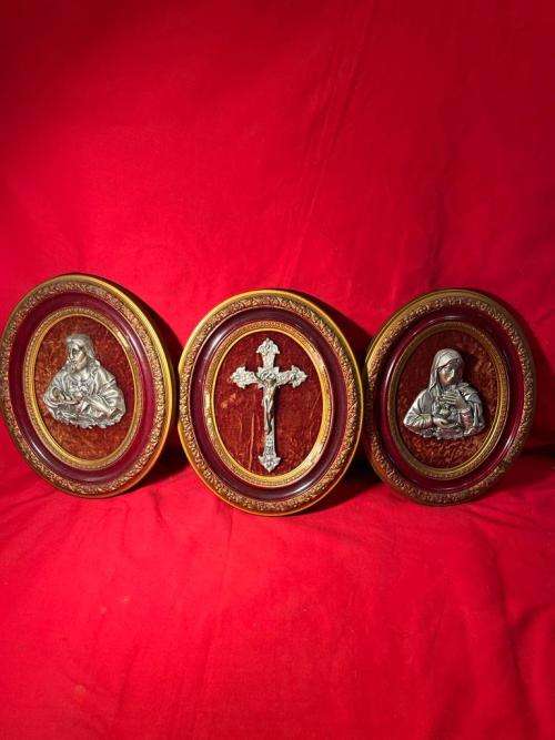 Collection of 3 Framed Christian Bronzed Items ( 28 x 34 cm )