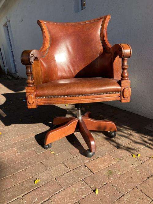 Beautiful Genuine Leather Mahogany Swivel Office Chair