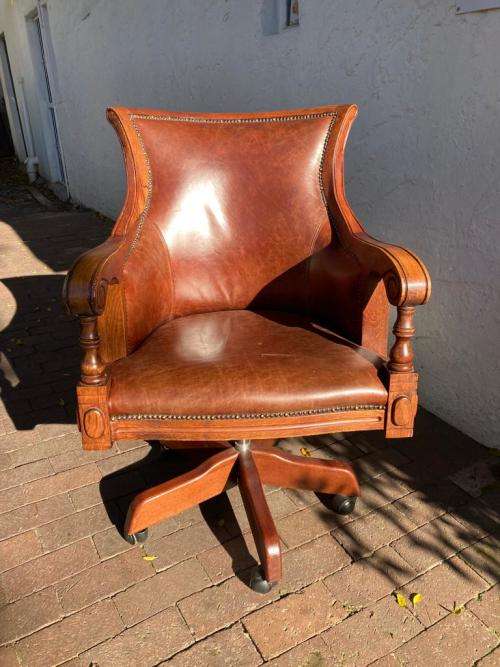 Beautiful Genuine Leather Mahogany Swivel Office Chair